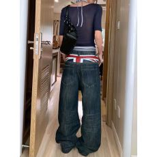 批发<b class='q'>大码</b>美式设计感拼布阔腿牛仔裤女秋季新款宽松时尚直筒拖地长裤子