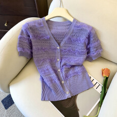 批发实拍毛针织衫简约休闲单排扣淑女蝙蝠袖中袖2026年夏季新款女装