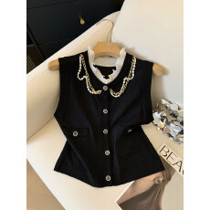 批发实拍夏季新品链条装饰木耳领双口袋外搭马甲无袖针织衫背心开衫女