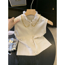 批发实拍夏季新品链条装饰木耳领双口袋外搭马甲无袖针织衫背心开衫女