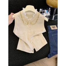 批发实拍夏季新品链条装饰木耳领双口袋外搭马甲无袖针织衫背心开衫女