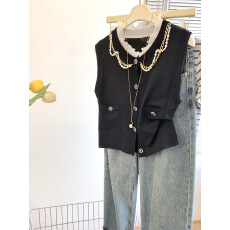 批发<b class='q'>实拍</b>夏季新品链条装饰木耳领双口袋外搭马甲无袖针织衫背心开衫女
