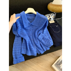 批发实拍春季新款<b class='q'>韩版</b>宽松显瘦大码女装蓝色长袖针织开衫气质毛衣外套