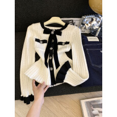 批发实拍气质蝴蝶结小香风曲珠<b class='q'>针织</b><b class='q'>开衫</b>春季圆领镂空<b class='q'>短款</b>喇叭袖上衣女