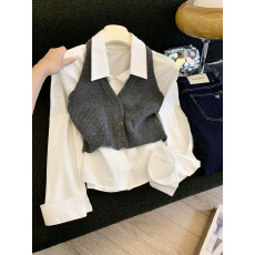 批发实拍时尚减龄翻领长袖衬衫女春季2026外搭短款针织马甲背心<b class='q'>两件套</b>