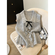 批发实拍法式木耳边翻领针织背心女夏款立体蝴蝶结马夹外穿无袖<b class='q'>小</b>上衣