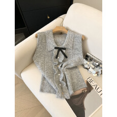 批发实拍法式木耳边翻领针织背心女夏款立体蝴蝶结马夹外穿无袖<b class='q'>小</b>上衣