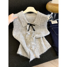 批发实拍法式木耳边翻领针织背心女夏款立体蝴蝶结马夹外穿无袖<b class='q'>小</b>上衣