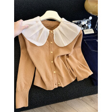 批发实拍女装<b class='q'>宽松</b>时尚娃娃领毛衣<b class='q'>外套</b>女春超好看小香风荷叶边针织上衣