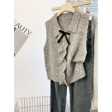 批发实拍法式木耳边翻领针织背心女夏款立体蝴蝶结马夹外穿无袖<b class='q'>小</b>上衣