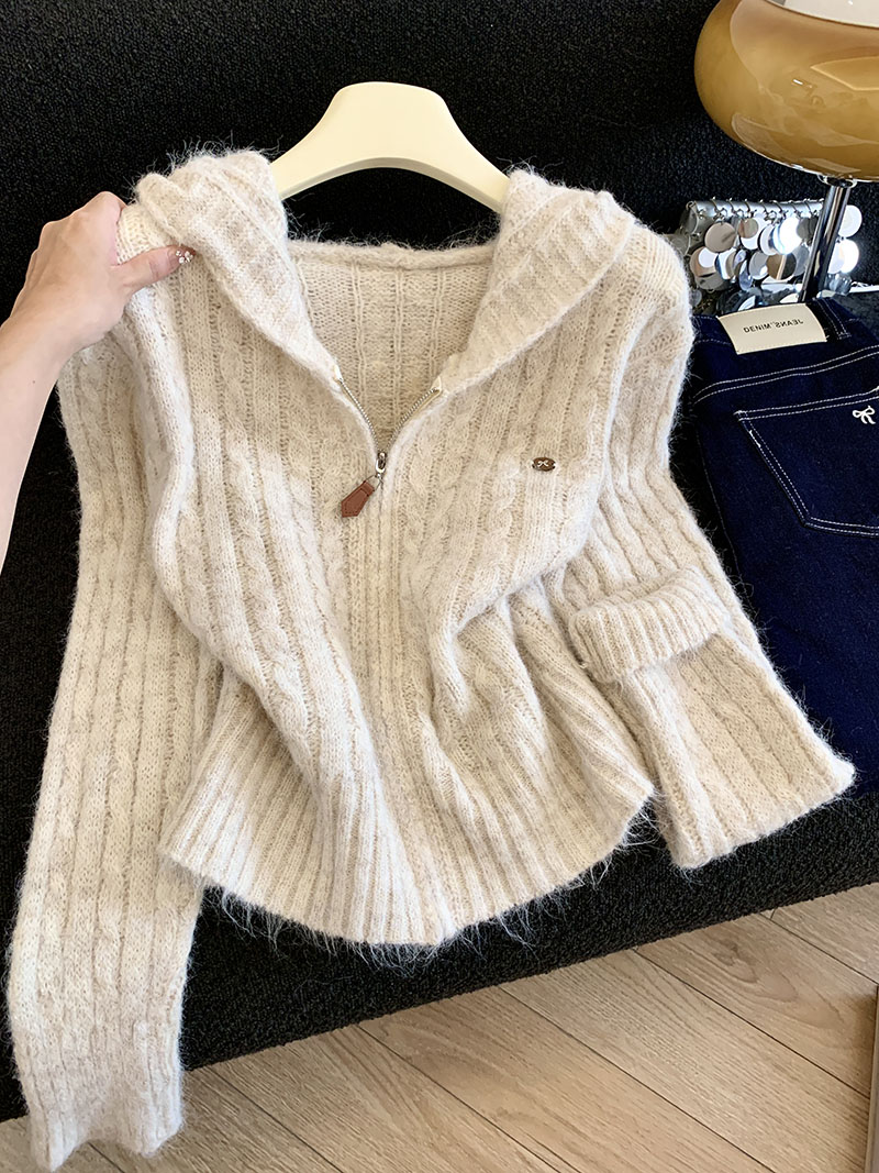 MY16869# 慵懒风连帽毛衣外套女秋季新款宽松休闲百搭简约针织开衫上衣...