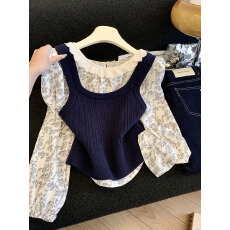 批发实拍<b class='q'>甜美</b>蕾丝花边圆领碎花衬衫外搭针织吊带背心入春搭配一整套女
