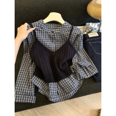 批发实拍<b class='q'>时尚</b>圆领长袖衬衫2026春季新款短款针织<b class='q'>吊带</b>背心两件套上衣女