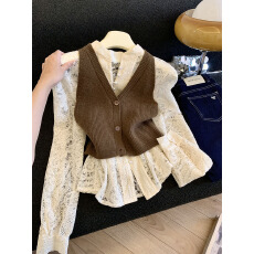 批发实拍新款设计感咖色蕾丝长袖衬衫女装<b class='q'>秋</b>季叠穿显瘦马甲背心两件套