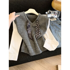 批发实拍2026春装新款V领丝巾拼接<b class='q'>长袖</b>针织开衫女高级感毛衣<b class='q'>外套</b>上衣