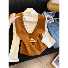 批发实拍半高领长袖t恤女春季穿搭修身打底衫上衣叠穿针织马甲<b class='q'>两件套</b>