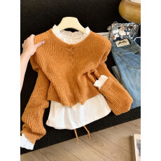 实拍春季韩系简约风开衫小众设计款背后漏洞针织绑带毛衣两件套