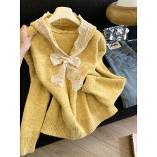 批发实拍蕾丝蝴蝶结v领<b class='q'>毛衣</b>针织衫女2025秋季奶呼呼甜美连帽长袖上衣