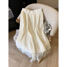 批发实拍蕾丝拼接针织半身裙女秋冬季高腰显瘦中长款大摆百褶a字裙