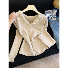 批发实拍蕾丝海军领针织开衫女<b class='q'>欧洲站</b>2025秋装<b class='q'>新款</b>欧货女装毛衣外套潮