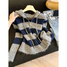 批发实拍条纹连帽套头毛衣女秋冬装新款宽松慵懒风软糯减龄针织衫上衣