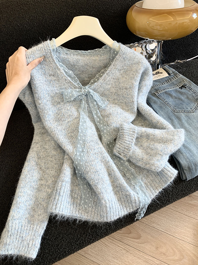 MY14872# 蕾丝蝴蝶结V领长袖针织衫女款巨好看软糯宽松毛衣上衣女女裝...