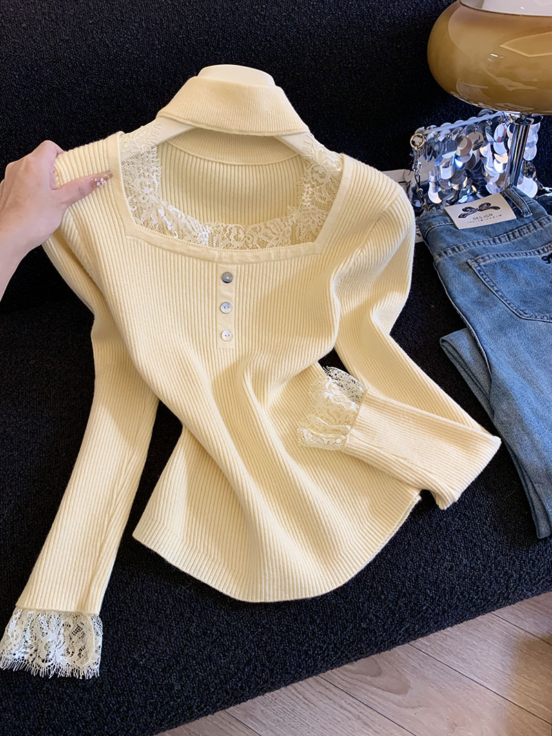 MY14877# 挂脖蕾丝边打底衫女内搭新款设计感毛衣修身针织上衣女裝貨源...