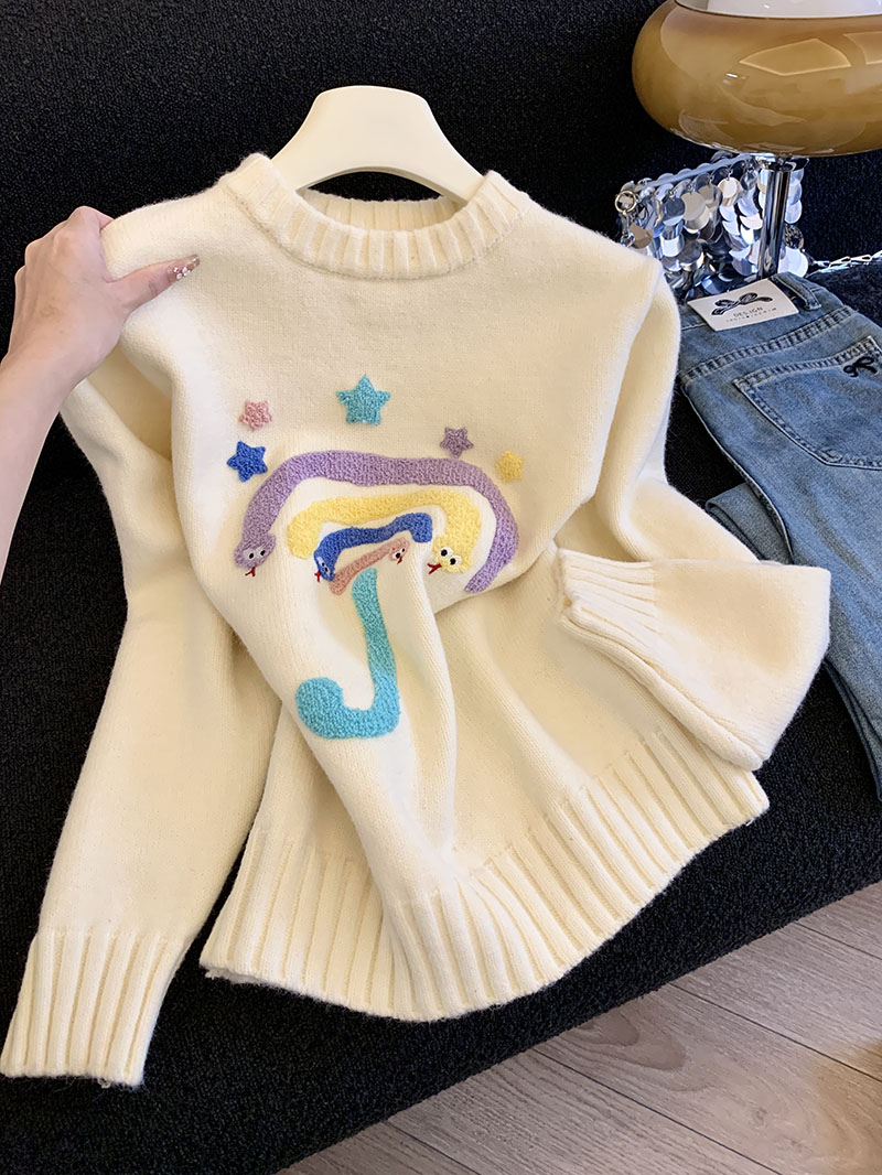 MY14876# 圆领卡通刺绣针织衫新款时尚宽松软糯保暖内搭打底衫潮女裝貨...