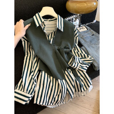 批发实拍设计感不规则针织背心马甲+ 长袖条纹衬衫时尚宽松两件套装女