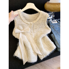 批发实拍温柔减龄百搭气质蝴蝶结设计感杏色上衣女2025秋冬针织马甲潮