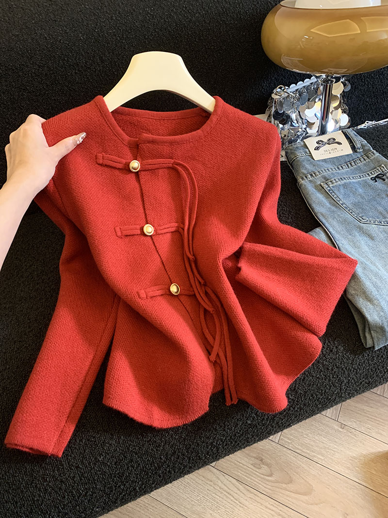 MY15480# 新中式复古圆领盘扣圣诞氛围感毛衣温柔风软糯针织上衣女裝貨源服裝批發