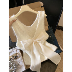 批发实拍前后两穿秋季新款独特蝴蝶结针织马甲背心叠穿外搭毛衣上衣女