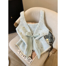 批发实拍新款前后两穿刺绣针织上衣编织串钉系蝴蝶结无袖马甲背心女