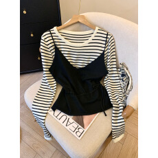批发实拍2025秋季新款韩系<b class='q'>宽松</b>显瘦时尚条纹针织衫吊带两件套女上衣