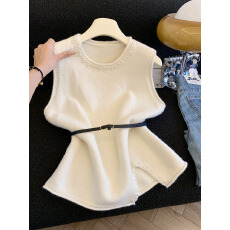 批发实拍无袖<b class='q'>吊带</b><b class='q'>小背心</b>女秋冬时尚叠穿马夹针织衫外穿钉珠上衣配腰带