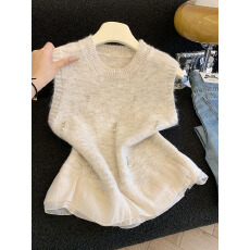 批发实拍2025秋冬新款下摆压褶花边钉珠亮钻<b class='q'>甜美</b>好看套头针织上衣女