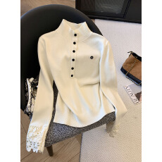 批发实拍半高圆领长袖蕾丝<b class='q'>镂空</b>纽扣针织<b class='q'>衫</b>女2025冬季新款韩版洋气上衣