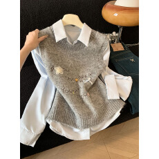 批发实拍新款日系小清新<b class='q'>甜美</b>花朵针织马甲+翻领长袖衬衫两件套上衣女