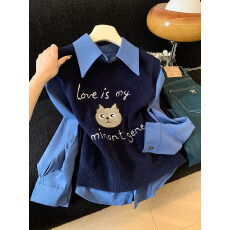 批发实拍秋<b class='q'>冬</b>学院风卡通刺绣猫咪针织背心配长袖衬衫叠穿两件套装上衣