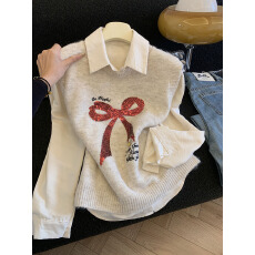 批发实拍两件套装蝴蝶结亮片刺绣针织马甲长袖衬衫女新款<b class='q'>百搭</b>叠穿上衣