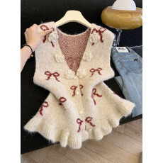 批发实拍秋<b class='q'>冬</b>新款复古蝴蝶结法式立体花重工提花开衫马甲外套女针织衫