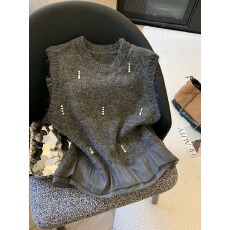 批发实拍2025秋冬新款下摆压褶花边钉珠亮钻<b class='q'>甜美</b>好看套头针织上衣女