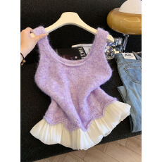 批发实拍韩系氛围感亮片针织马甲女秋冬新款<b class='q'>甜美</b>减龄蕾丝拼接叠穿上衣