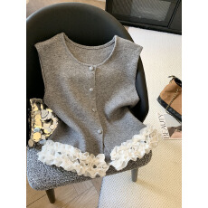 批发实拍小香风下摆木耳边马甲女秋冬叠穿无袖拼接坎肩背心上衣外套女