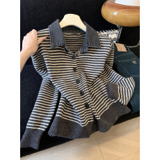 批发实拍韩系时尚翻领牛仔拼接毛<b class='q'>衣外套</b>冬季设计感条纹上衣百搭针织衫