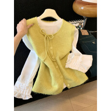 批发实拍简约圆领拼接袖长袖小衫+宽松单排扣休闲针织马甲套装女冬季