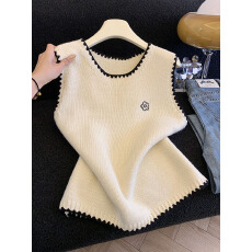 批发实拍新款刺绣休闲风<b class='q'>通勤</b>背心马夹女秋季针织毛衣撞色花边马甲女