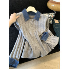 批发实拍秋冬新款牛仔拼接翻领针织开衫女时尚设计感<b class='q'>假两件</b>毛衣外套