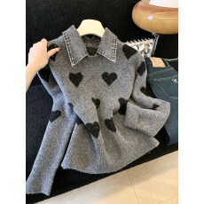 批发实拍早春新款女装复古撞色翻领牛仔拼接爱心提花<b class='q'>假两件</b>毛衣上衣女