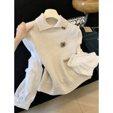 批发实拍学院风假两件针织衫女春款设计感小众衬衣袖拼接修身<b class='q'>短款</b>上衣